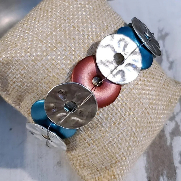 Mid Century Modern Style Handcrafted Silver Blue Cinnamon Disc Beads Bracelet - Picture 7 of 9